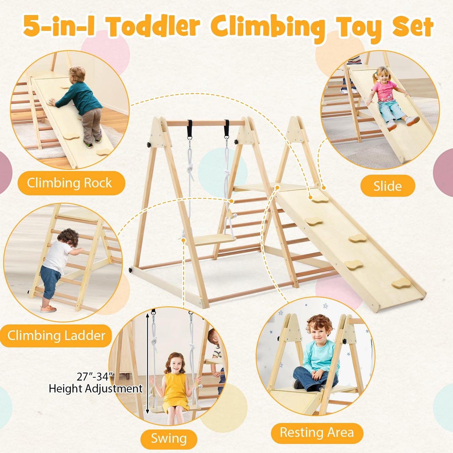 HONEY JOY Kids Indoor Jungle Gym, Large 5-in-1 Playground Climber Playset with Baby Swing, Slide Ramp, Ladder & Climbing Wall, Foldable Wooden Montessori Waldorf Play Gym, Climbing Toys for Toddlers