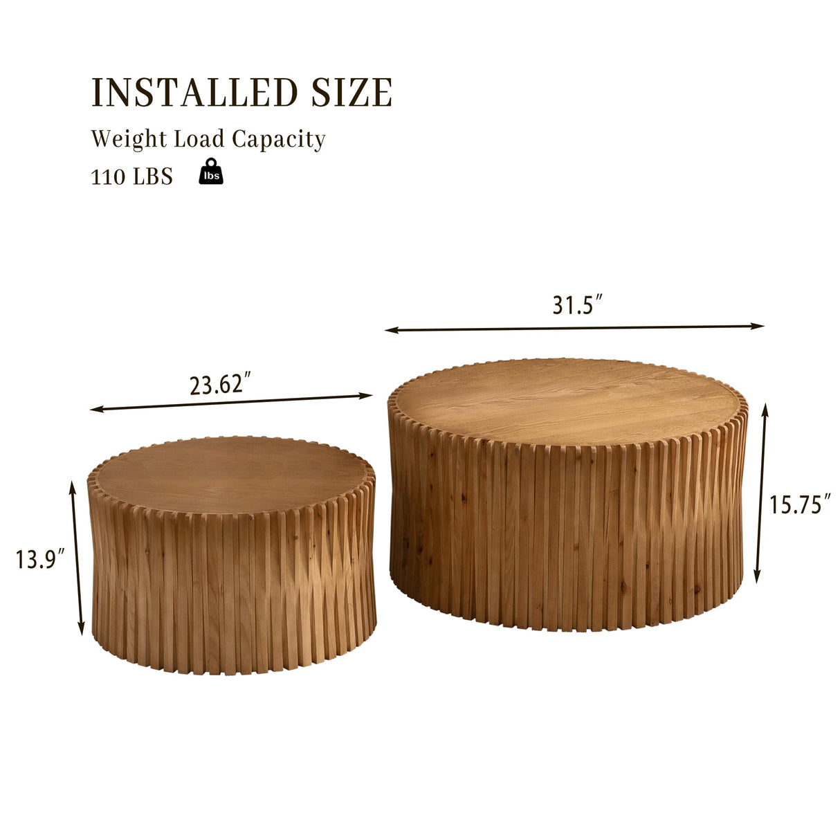 KIGFTSOD Vintage Modern Nesting Coffee Table Set of 2, Round Wooden Table Accent End Table Cylindrical Set with Vertical Textured Embossed Design for Living Room, Apartment (Natural) KIGFTSOD