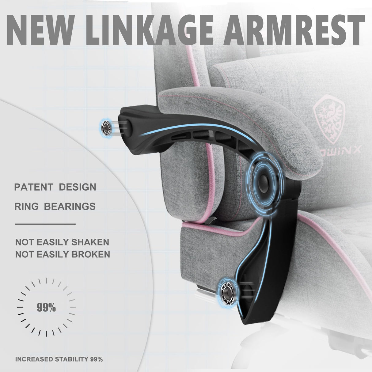 Dowinx Gaming Chair Fabric with Pocket Spring Cushion, Massage Game Chair Cloth with Headrest, Ergonomic Computer Chair with Footrest 290LBS, Pink and Grey Dowinx