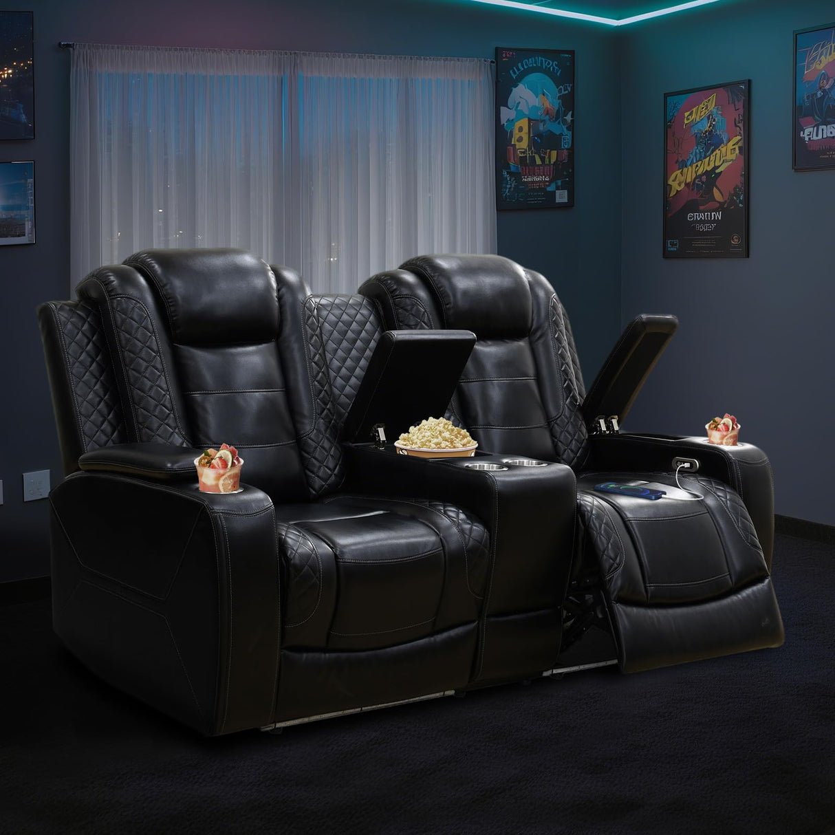 Power Reclining Loveseat Sofa for Home Theater, PU Leather Wall Hugger RV Recliner with Console, 4 Cup Holders, USB & Type-C, LED Lights, 170° Adjustable Backrest, Black Lyngins