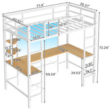 DICTAC Loft Bed Twin Size with U Shaped Desk and Led Lights Metal Twin Loft Led Bed Frame with Charging Station and Storage Shelves, Safety Guard & Ladder, No Noise,No Box Spring Needed, White DICTAC