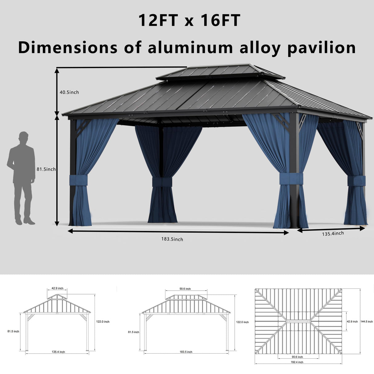 ASJMR 12x16ft Gazebo Metal Roof Hardtop Gazebo, Aluminum Outdoor Pergola with Curtains and Netting, 2-Layer Hard top Galvanized Iron Pergola Suitable for Courtyards, Backyards,Decks,and Grass,Pool ASJMR