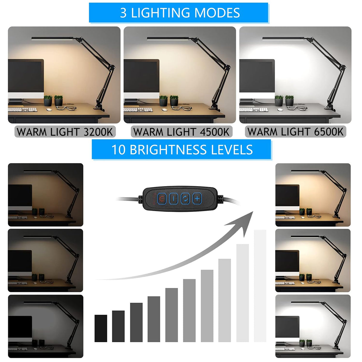 TROPICALTREE LED Desk Lamp, Swing Arm Desk Light with Clamp, 3 Lighting 10 Brightness Eye-Caring Modes, Reading Desk Lamps for Home Office 360°Spin with USB Adapter & Memory Function black-14W TROPICALTREE