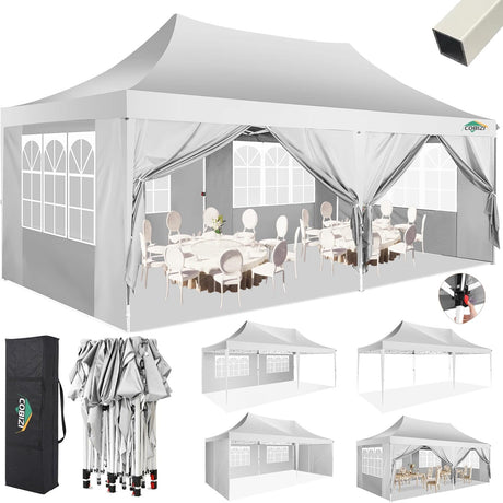 COBIZI Canopy 10x20 Pop Up Canopy Tent with 6 Sidewalls 3.0, Wedding Party Tent Outdoor Gazebos UV50+ Waterproof Canopy Tent for Parties, 3 Adjustable Heights, White(Frame Upgraded) COBIZI
