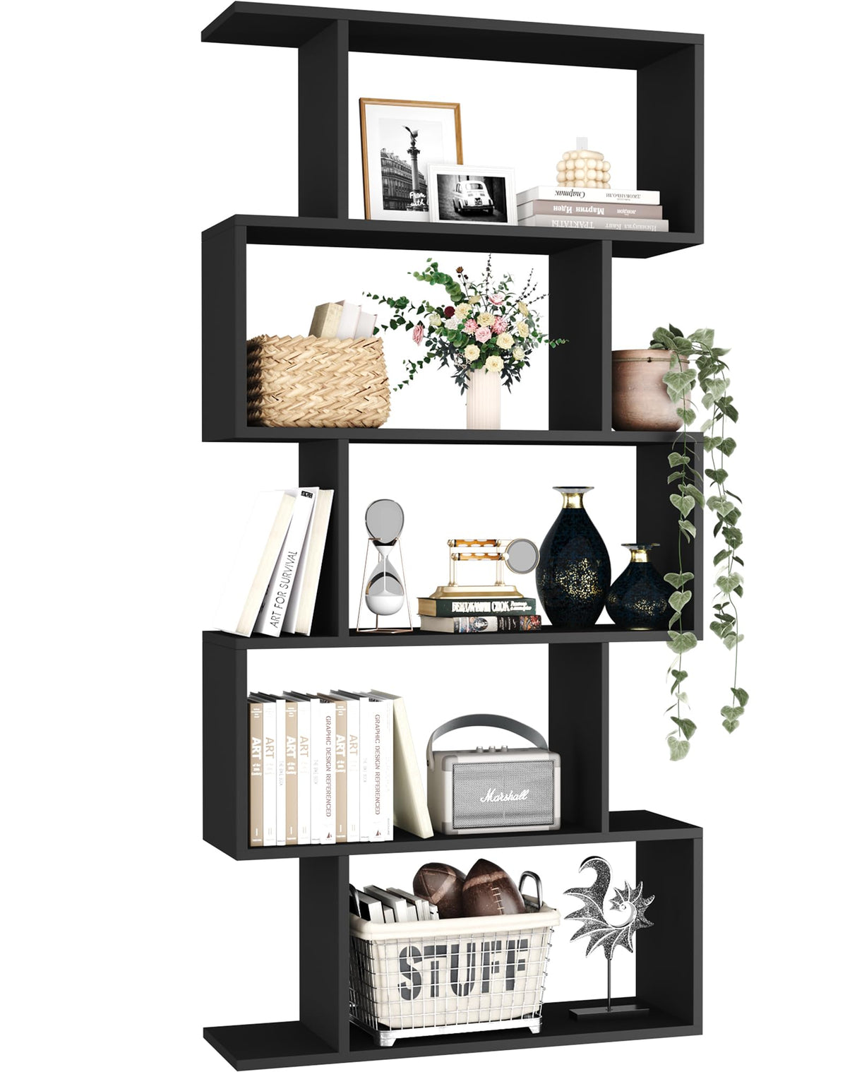 Yusong Bookshelf 5-Tier, Geometric Bookcase S Shaped Book Shelves for Bedroom, Modern Wood Decorative Display Shelf Book Case for Home Office, Black Yusong