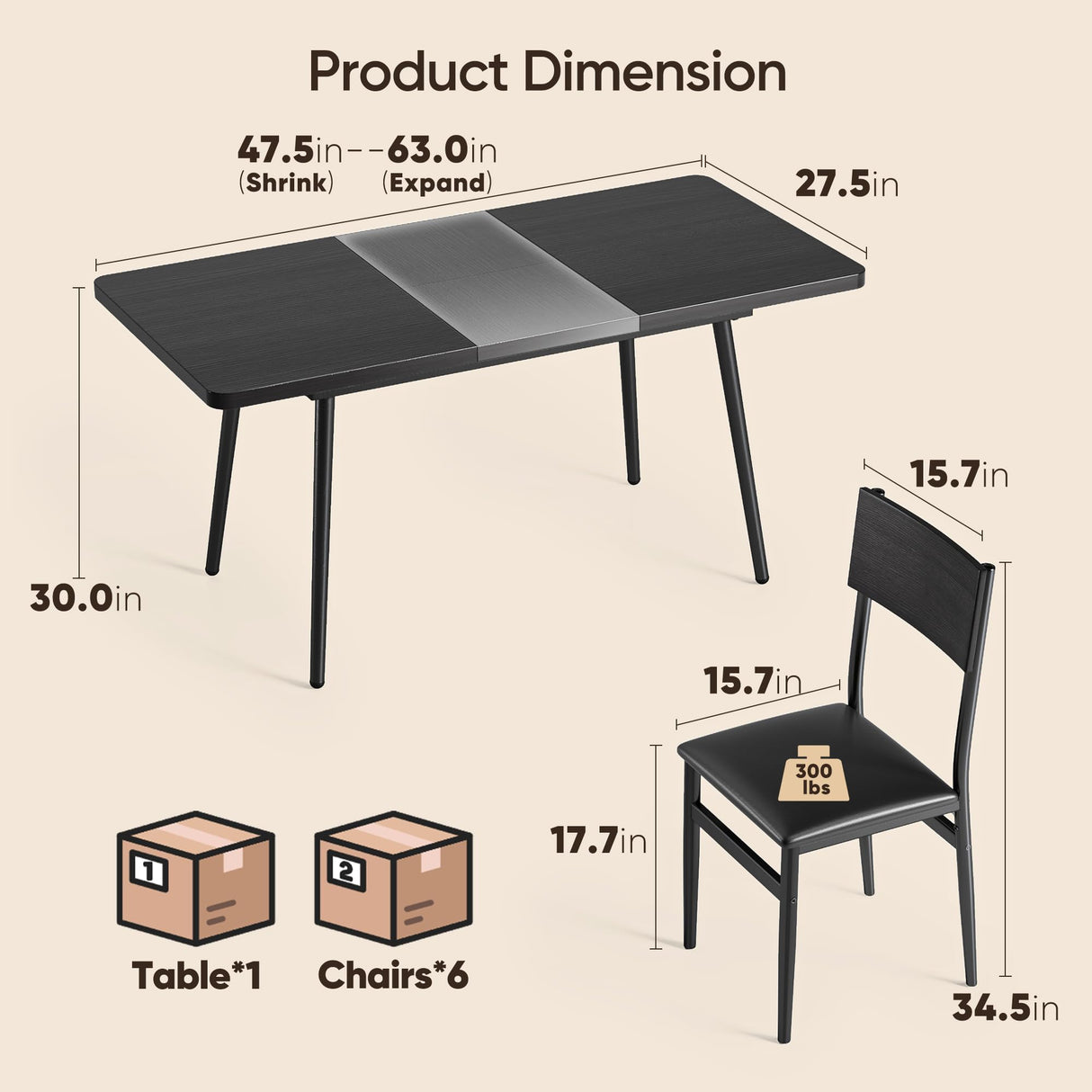 Ahomly 7-Piece Extendable Dining Table Set with 6 Padded Chairs, 63" Dining Table Set for 4-6, Kitchen Table Set with MDF Board & Metal Frame, for Small Space, Kitchen, Apartment, Black Ahomly