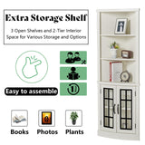 AMERLIFE Curved Corner Storage Cabinet, 65" Tall Freestanding Bookcase with Glass Doors & Adjustable Shelves, 5-Tier Corner Display Cabinet for Living Room, Bathroom, Distressed White AMERLIFE