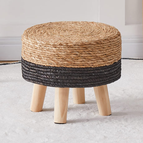 Cpintltr Ottoman Natural Seagrass Footrest Poufs Hand Weave Round Foot Stool for Couch Desk Soft Step Stool Padded Foot Rest with Pine Legs for Living Room Bedroom Natural/Black Cpintltr