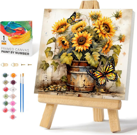 igoodom Paint by Numbers Kit for Adults with Frame and Easel, 25x25cm DIY Acrylic Painting on Canvas with Box, Sunflower Paint by Number Set for Home Wall Decor igoodom