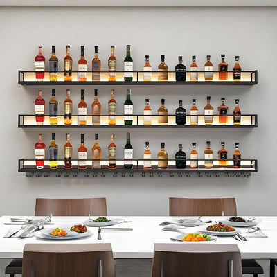 63in Wall-Mounted Metal Wine Rack with LED Lights 3-Tier Floating Bar Shelves with Wine Glass Rack Large Wine Bottle Display Rack Hanging Shelf, for Home Bar Dining Room Decorative (black, 160cm/63in)