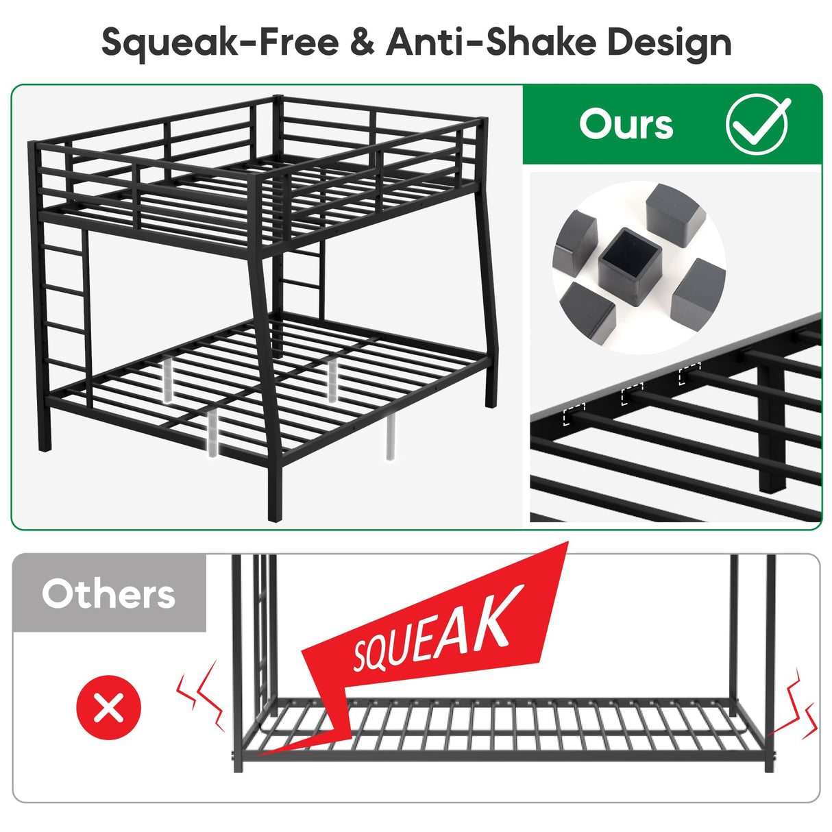 Olodumare Metal Full XL Over Queen Bunk Bed for Kids & Adults with Extra Thick Support Columns & Higher Guardrail, 2 Ladders, Squeak-Free, Heavy Duty, No Box Spring Needed, Easy Assembly, Black Olodumare