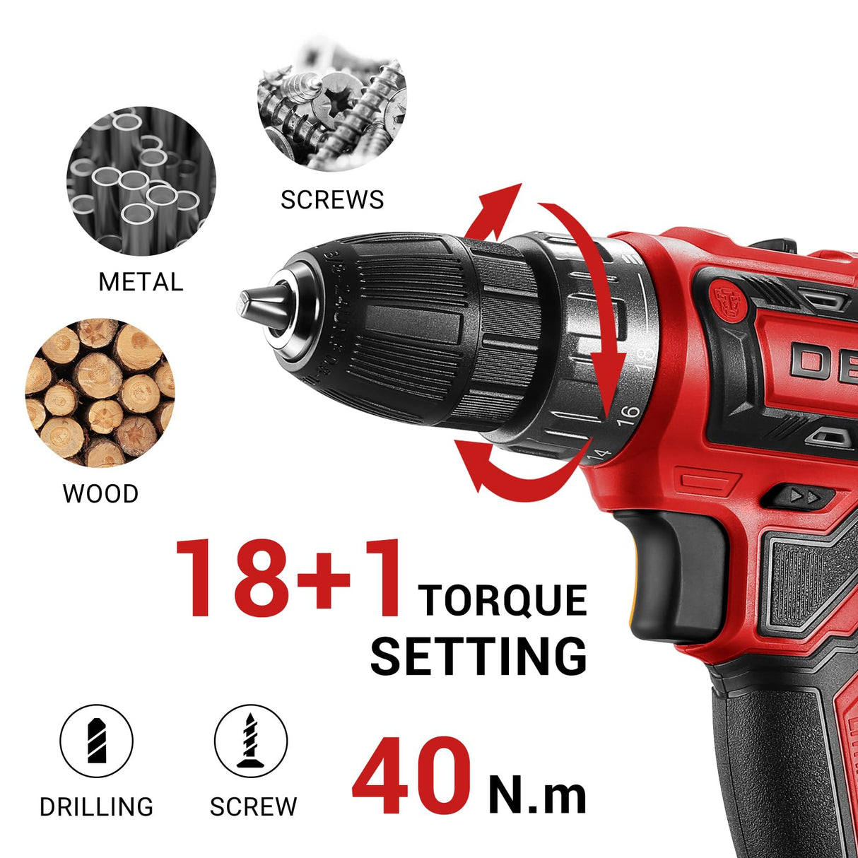 Power Drill Cordless: DEKO PRO Cordless Drill 20V Electric Power Drill Set Tool for Women Drills Cordless with Battery and Charger Drill Driver 20 Volt Drill Driver Kit Red DEKOPRO