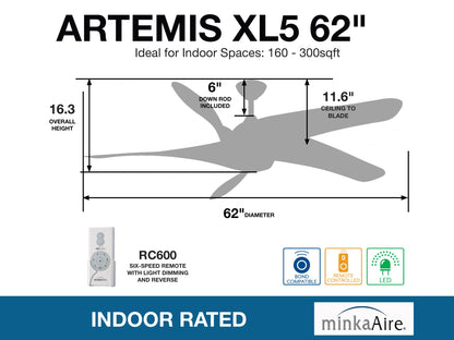 MINKA-AIRE F905L-DK Artemis XL5 62 Inch Ceiling Fan with LED Light and DC Motor in Distressed Koa Finish