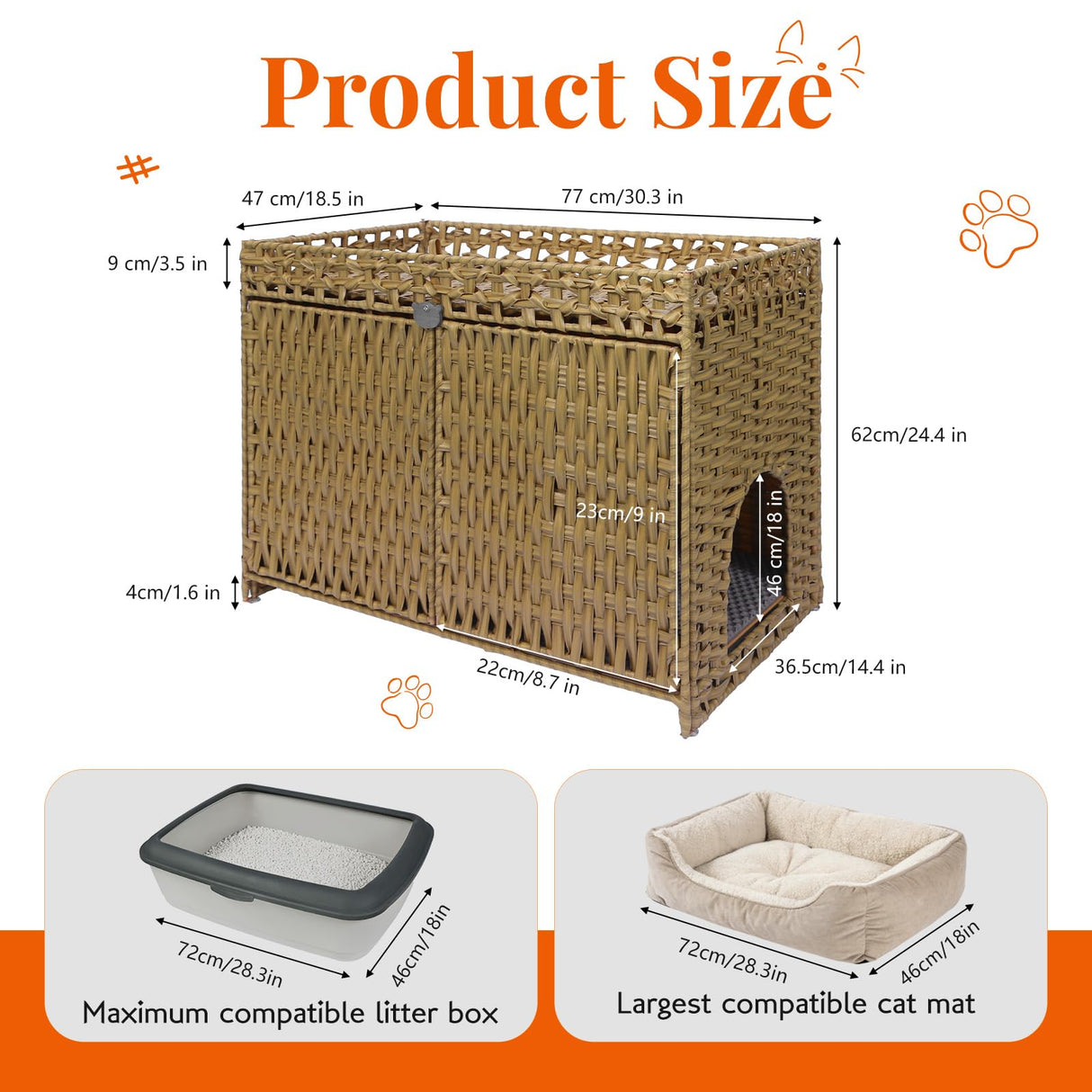 Cat Litter Box Enclosure Furniture Hidden Cabinet - Handwoven Rattan Pet House with 2 Removable Mats - Large Foldable Design for Privacy - Fits Living Room, Bedroom, Balcony Natural Neti Neti