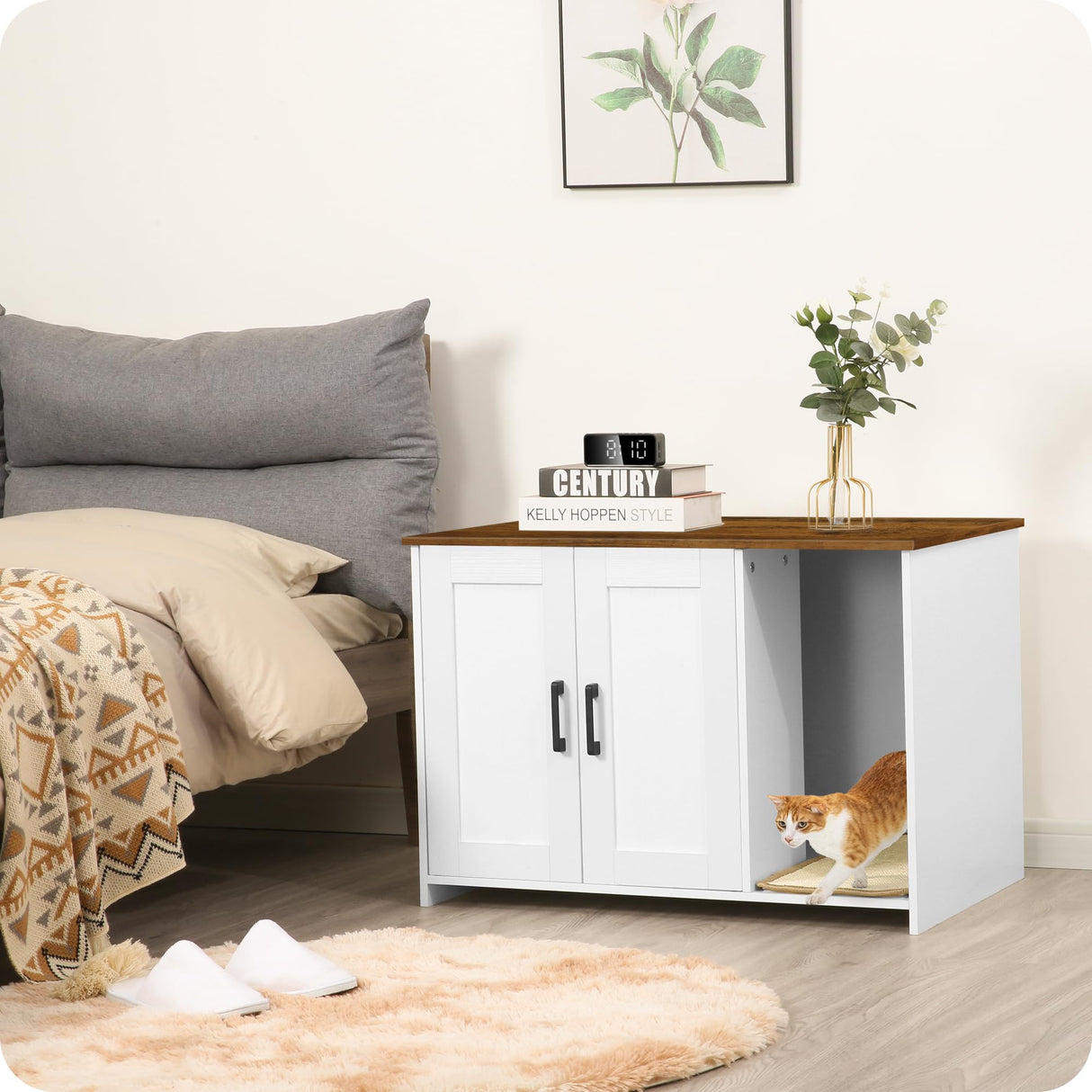 Dwanton Litter Box Enclosure, Cat Litter Box Furniture Hidden, with Scratching Mat, Wooden Cat Washroom Indoor, Fit Most of Litter Box, 31.5" L x 19.7" W x 21.7" H, White + Warm Brown Dwanton