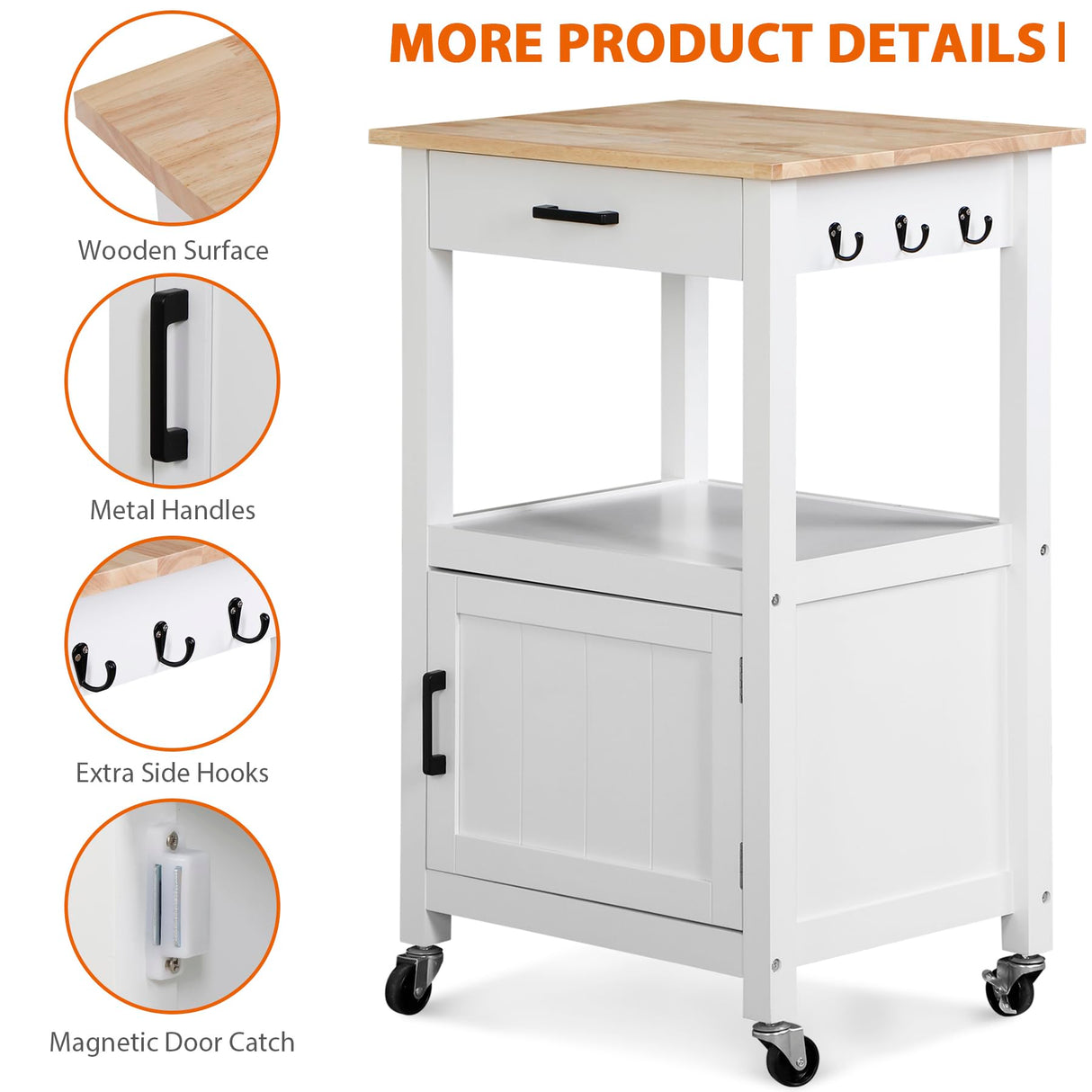 HomGarden Kitchen Island on Swivel Wheels with Drawer, Rolling Kitchen Cart Storage Cabinet with 3 Side Hooks for Dining Room, White HomGarden