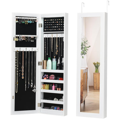 12 LEDs Jewelry Armoire Cabinet, Wall/Door Mounted Full-Length Mirror Jewelry Cabinet with Earring & Rings Slots Necklace Hooks, 5 Storage Shelves for Bedroom Makeups, White - WoodArtSupply