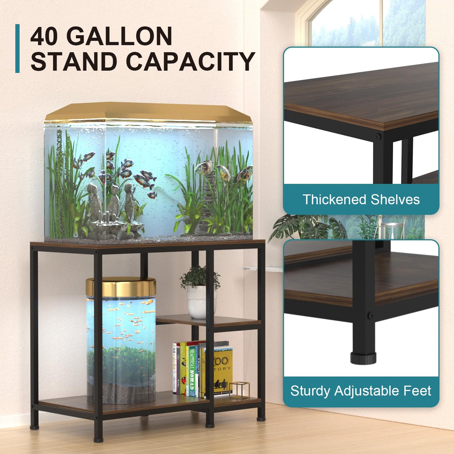 VANVERB Fish Tank Stand for 40 Gallon, Wood Aquarium Stand with Shelves for Fish Tank Accessories Storage, 660LBS Capacity - WoodArtSupply