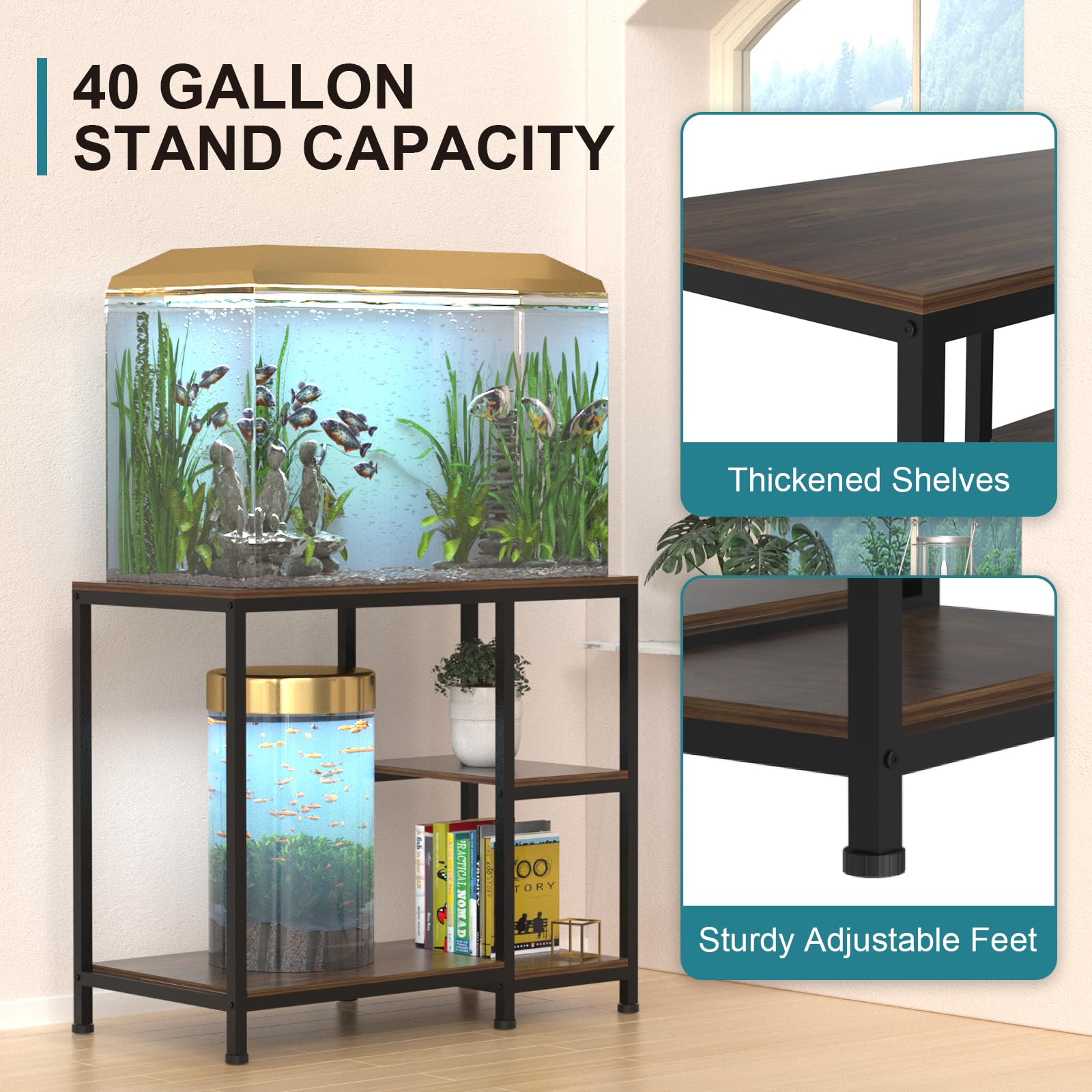 VANVERB Fish Tank Stand for 40 Gallon, Wood Aquarium Stand with Shelves for Fish Tank Accessories Storage, 660LBS Capacity - WoodArtSupply