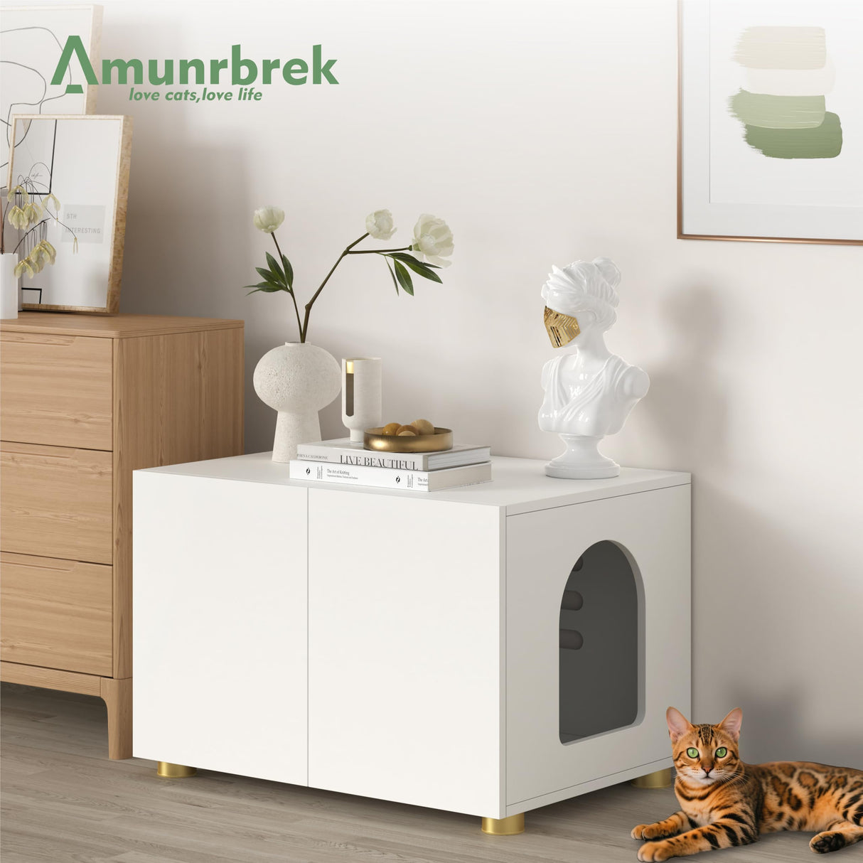 Amunrbrek Small Litter Box Enclosure, Sleek Modern Cat Litter Box Cabinet Furniture, Wooden Cat House, End Table (White) amunrbrek