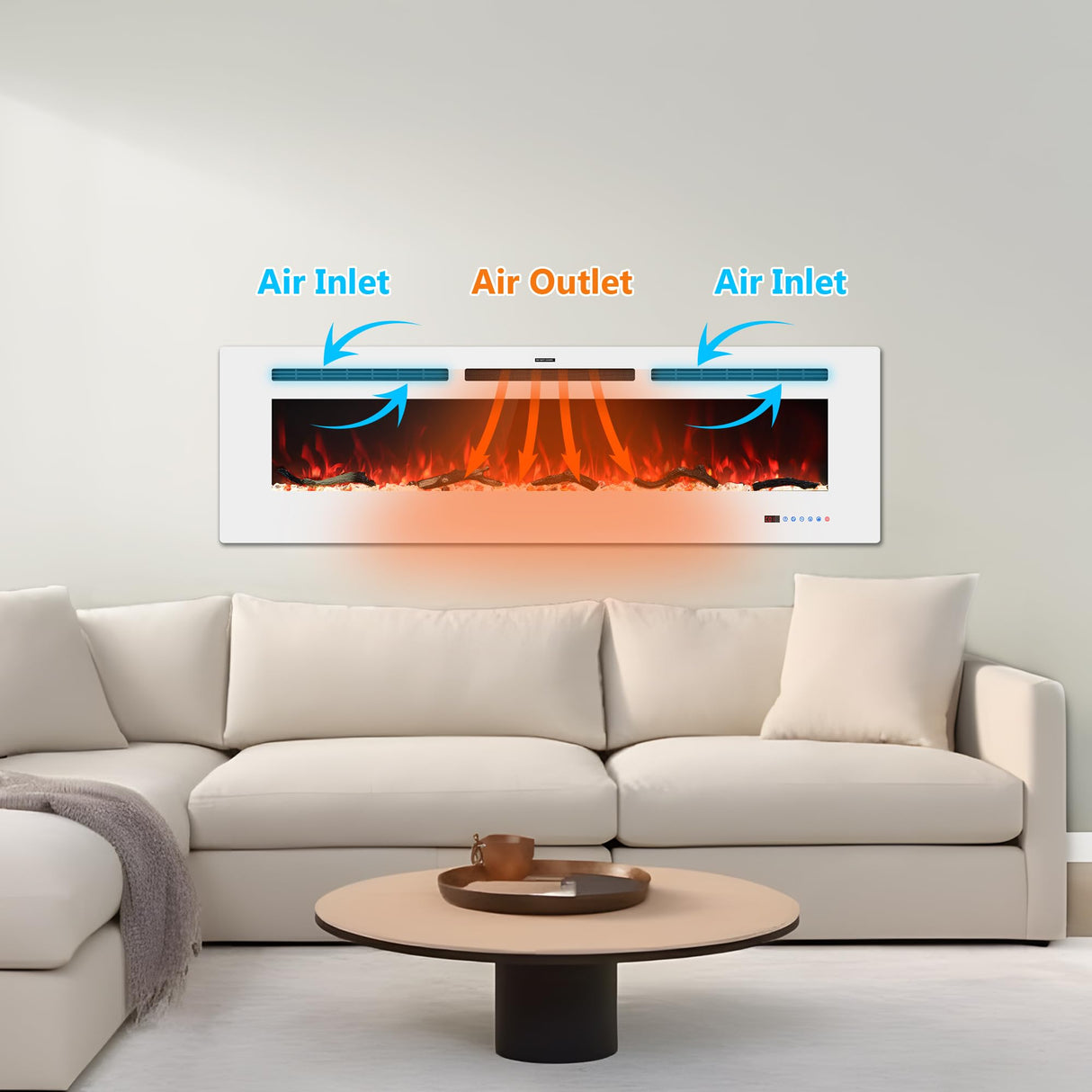 Velaychimney Electric Fireplace, 48" Wall Mounted Electric Heater with/Thermostat, Adjustable Flame & Bed Color, Timer, Remote & Touch Screen Control, 750/1500W, Log/Crystal, White Velaychimney