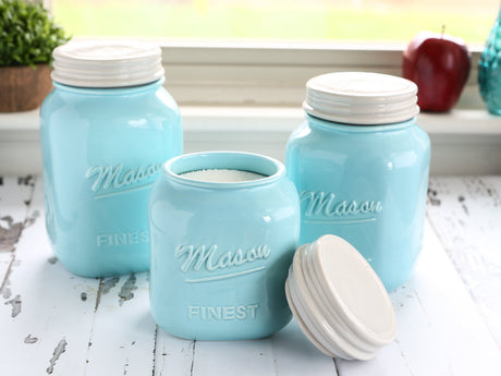 Sparrow Decor Mason Jar Kitchen Canister Set - Set of 3 Kitchen Canisters - Large, Round Ceramic Sets for Vintage, Rustic, or Farmhouse Look - Storage for Flour, Sugar, Tea, Coffee and More (Blue) Sparrow Decor
