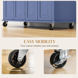 HOMCOM Kitchen Island on Wheels, Rolling Cart with Rubberwood Top, Spice Rack, Towel Rack and Drawers for Dining Room, Navy Blue HOMCOM