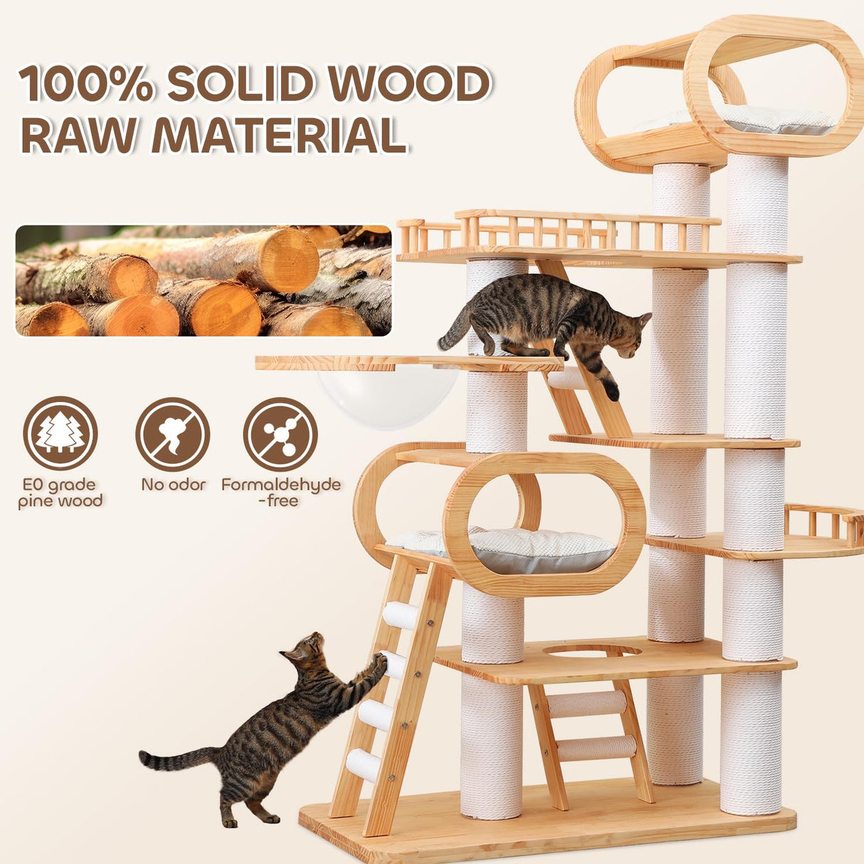 76.8'' Tall Modern Large Cat Tree,Multi-Level Wood Cat Tower for Indoor Cats Large Adults,Luxury Heavy Duty Cat Condo with Cushion,Scratching Posts,Clear Hammock Activity for Maine Coon Big Fat Cats COUNER