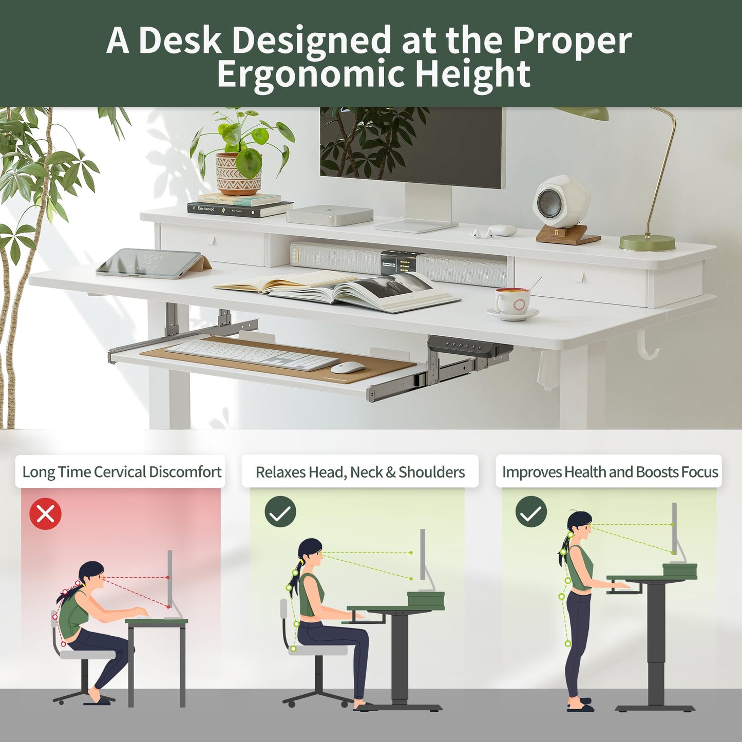 FEZIBO Standing Desk with Drawers, Adjustable Height Desk with Keyboard Tray, Stand Up Desk with Storage Shelf, 55 x 24 Inchs, White Top - WoodArtSupply