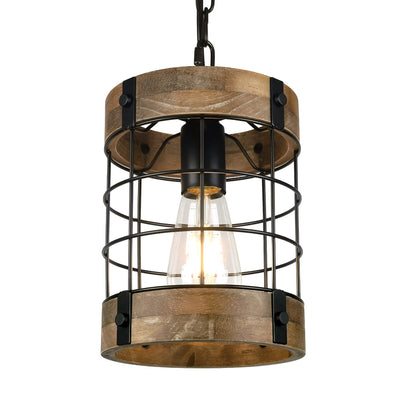 Rustic Pendant Light Fixtures, Farmhouse Kitchen Wood Hanging Lighting, Industrial Round Cage Chandelier for Entryway Hallway Dining Room Bedroom Foyer