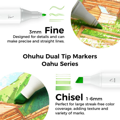 Ohuhu Alcohol Markers Double Tipped Art Marker Set for Artists Adults Coloring Sketch Illustration - Chisel & Fine Dual Tips - 100 Colors - Oahu Series of Ohuhu Markers - Refillable Ink Ohuhu