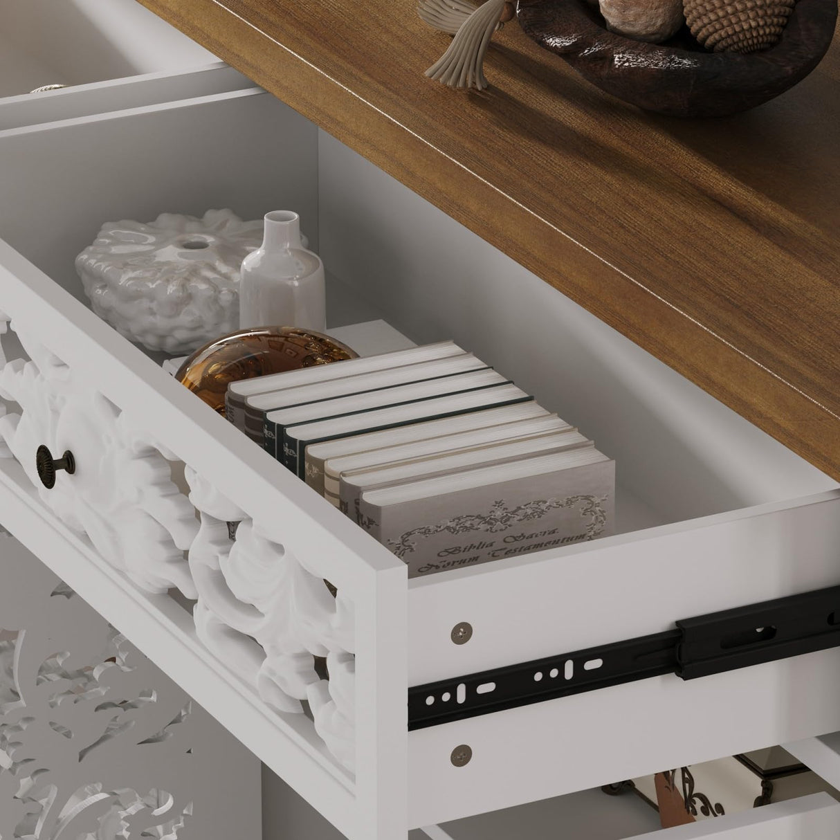 JOIKUJIA Wide Accent Cabinet with 4 Carved Doors & 2 Drawers, Vintage Hollow Carving Sideboard with Brown Tabletop, Farmhouse Buffet Cabinet, White and Brown 63”W x 15.7”D x 31.9”H JOIKUJIA