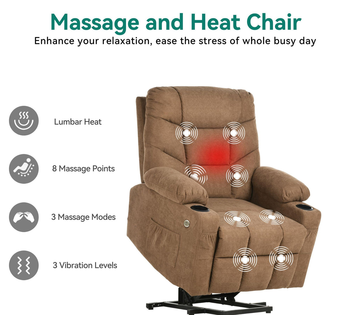 YITAHOME Electric Power Lift Recliner Chair for Elderly, Fabric Recliner Chair with Massage and Heat, Spacious Seat, USB Ports, Cup Holders, Side Pockets, Remote Control (Brown) YITAHOME