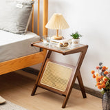 Tiita Rattan Side Table, Mid Century Nightstand, Bamboo Accent Bedside Tables, Glass Coffee Tables, Boho Wooden End Table with Storage for Small Space, Living Room and Bedroom Tiita