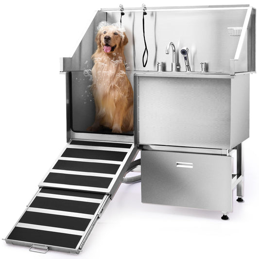 CO-Z Professional Dog Bathing Station, 50 in. Dog Grooming Tub with Nonskid Retractable Ramp for Large Dogs, Stainless Steel Dog Washing Station with Swivel Faucet Pull Out Showerhead Storage Drawer