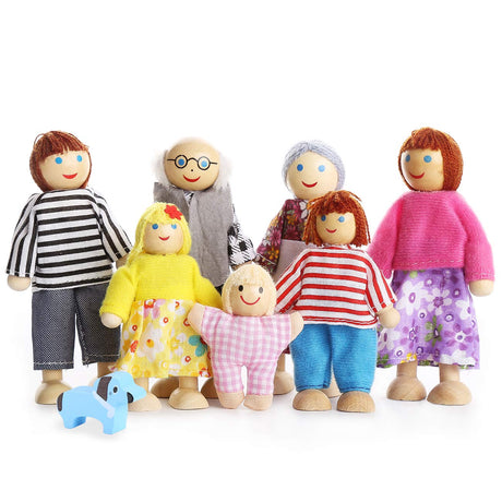 PUCKWAY Lovely Happy Family Dolls Playset Wooden Figures Set of 7 People with Dog for Kids Children Toddlers Dollhouse Pretend Gift PUCKWAY