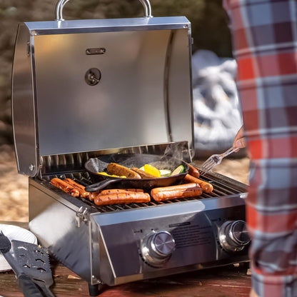 Monument Grills Tabletop Propane Gas Grill for Outdoor Portable Camping Cooking with Travel Locks, Stainless Steel High Lid, and Built in Thermometer