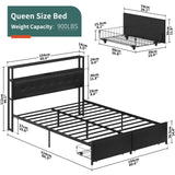 Yoobure Black Queen Bed Frame with Headboard, LED Lights & Charging Station, Storage Drawers, No Box Spring Required Yoobure