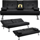Anwickmak Convertible Futon Sofa Bed,PU Leather Modern Couch Loveseat Sleeper, Folding Daybed Guest Bed, Removable Armrests, 2 Cup Holders, Metal Legs (Black) Anwickmak