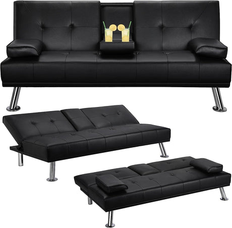 Anwickmak Convertible Futon Sofa Bed,PU Leather Modern Couch Loveseat Sleeper, Folding Daybed Guest Bed, Removable Armrests, 2 Cup Holders, Metal Legs (Black) Anwickmak