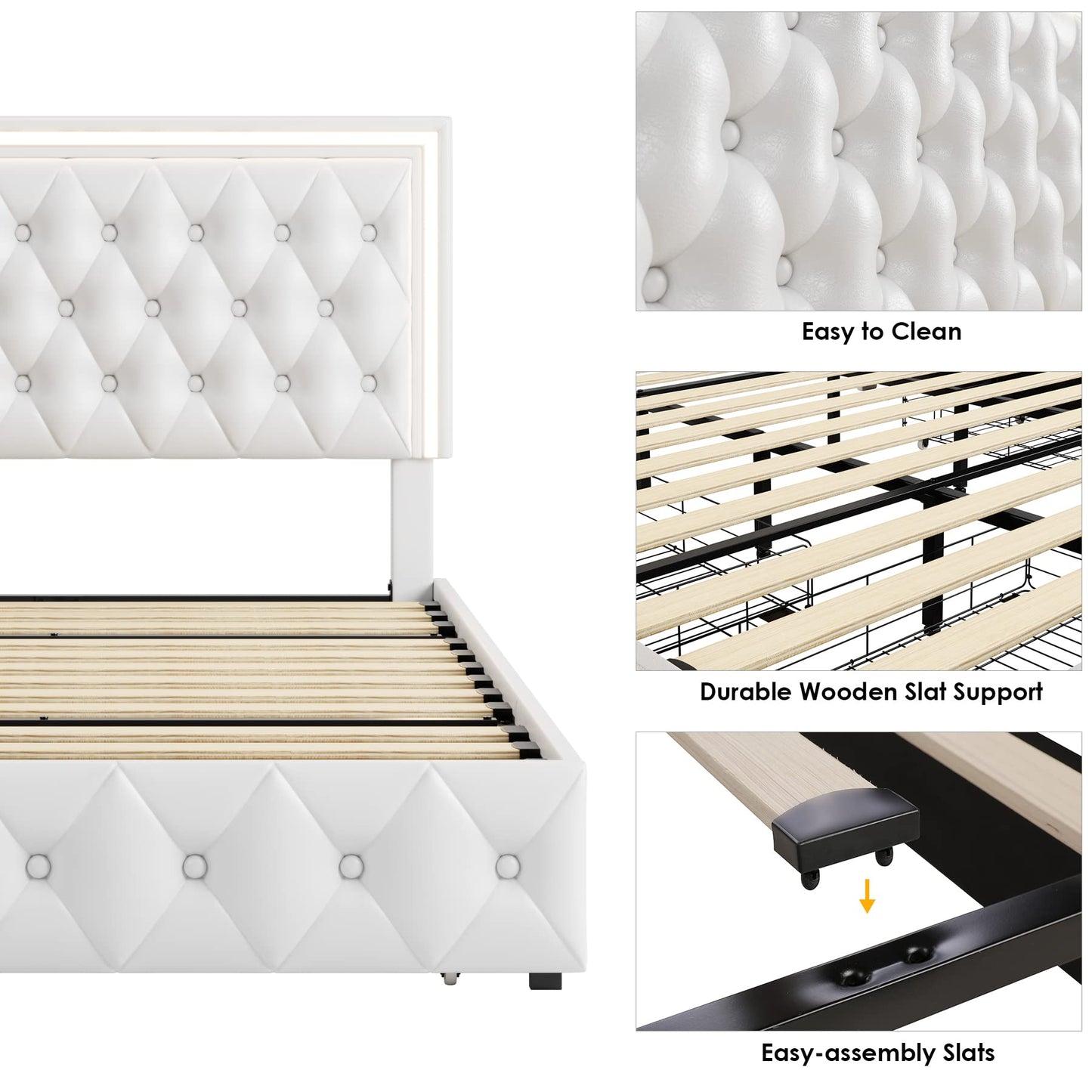 Keyluv King Upholstered LED Bed Frame with 4 Storage Drawers and Adjustable Tufted Headboard in White - WoodArtSupply