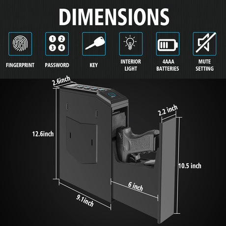 Hidden Gun Safe for Pistols, Biometric Fingerprint Smart Slider Handgun Safe for Nightstand, Desk, Bedside, Wall,Truck -Auto Sliding Door- Fingerprint, PIN Code, KEY Access (Black-Biometric) VoleStay