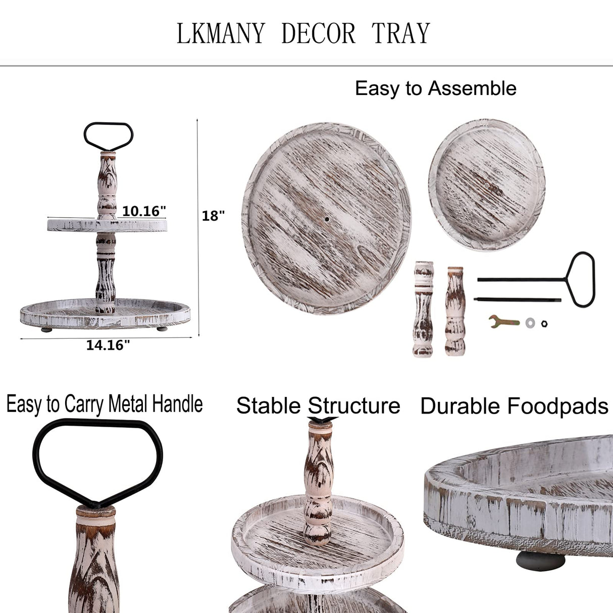 LKMANY Tiered Tray Cupcake Stand 2 Tier Tray Stand Serving Cakes Tray Decorative Trays with Handle,Round Rustic Stand for Kitchen,Homeware Display Platters for Party LKMANY