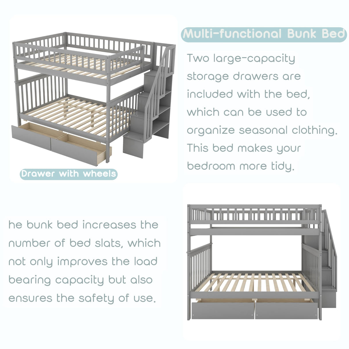 Full Over Full Bunk Beds with Drawers and Stairs Stairway Bunk Bed Frame with Storage Shelves for Kids Teens Adult, Wood Full Bunk Bed for Boys Girls Adults, Gray Bellemave