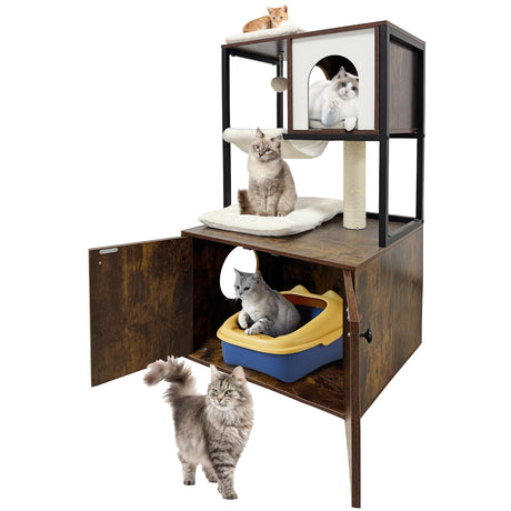 Cat Tree with Litter Box Enclosure | Modern Cat Tower with Condo, Hammock, Scratching Post, and Hanging Ball | Indoor Wooden Pet House with Removable Washable Cushions Hipicute