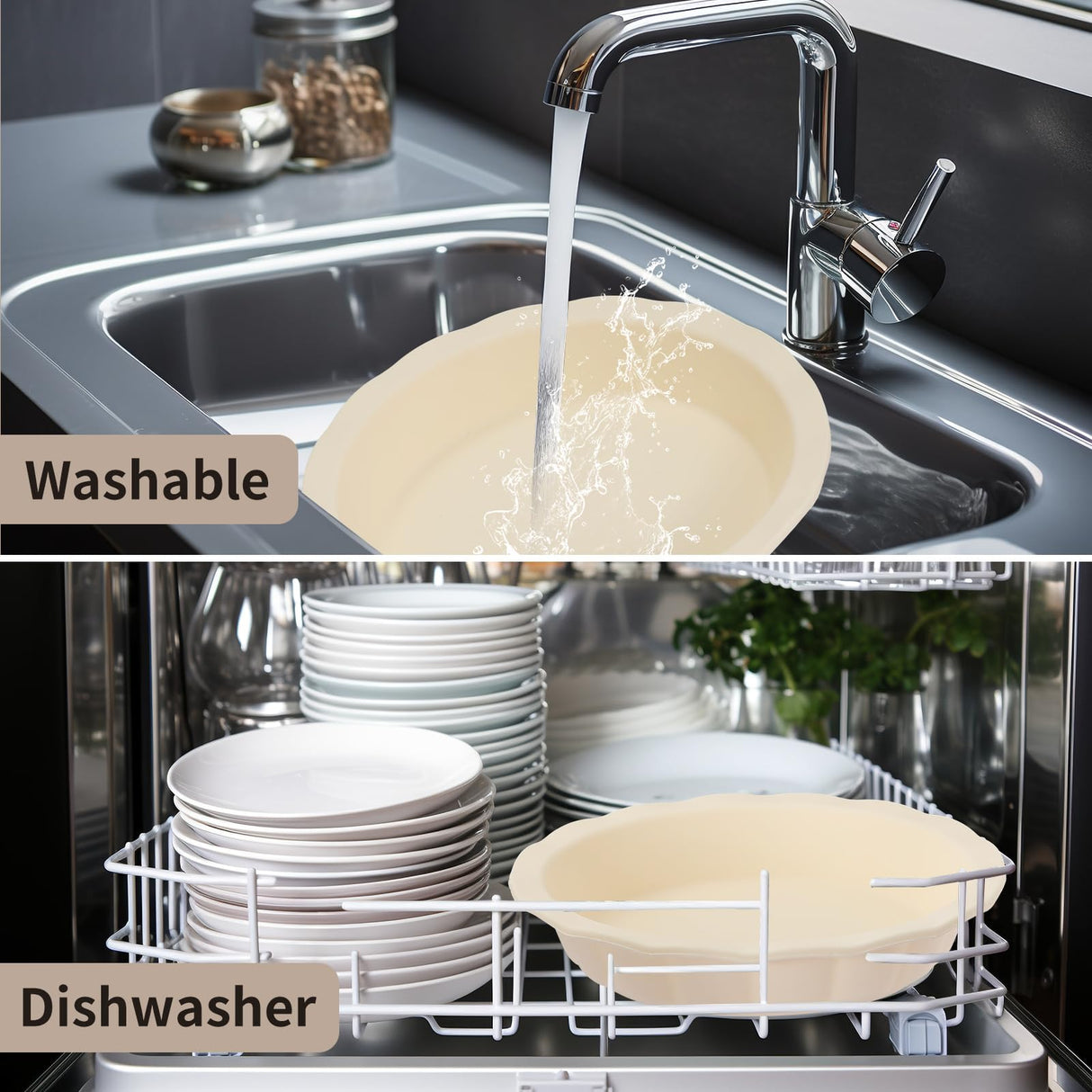 Wanbaker Silicone Pie Pans Dishes for Baking, 9inch Pie Dishes with Corrugated Edge Dishwasher Microwave Oven Safe (Beige) Wanbaker