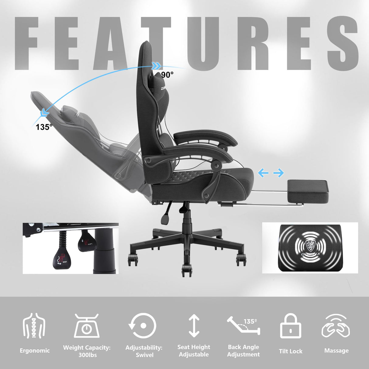 Dowinx Gaming Chair Fabric with Pocket Spring Cushion, Massage Game Chair Cloth with Headrest, Ergonomic Computer Chair with Footrest 290LBS, Black White Dowinx