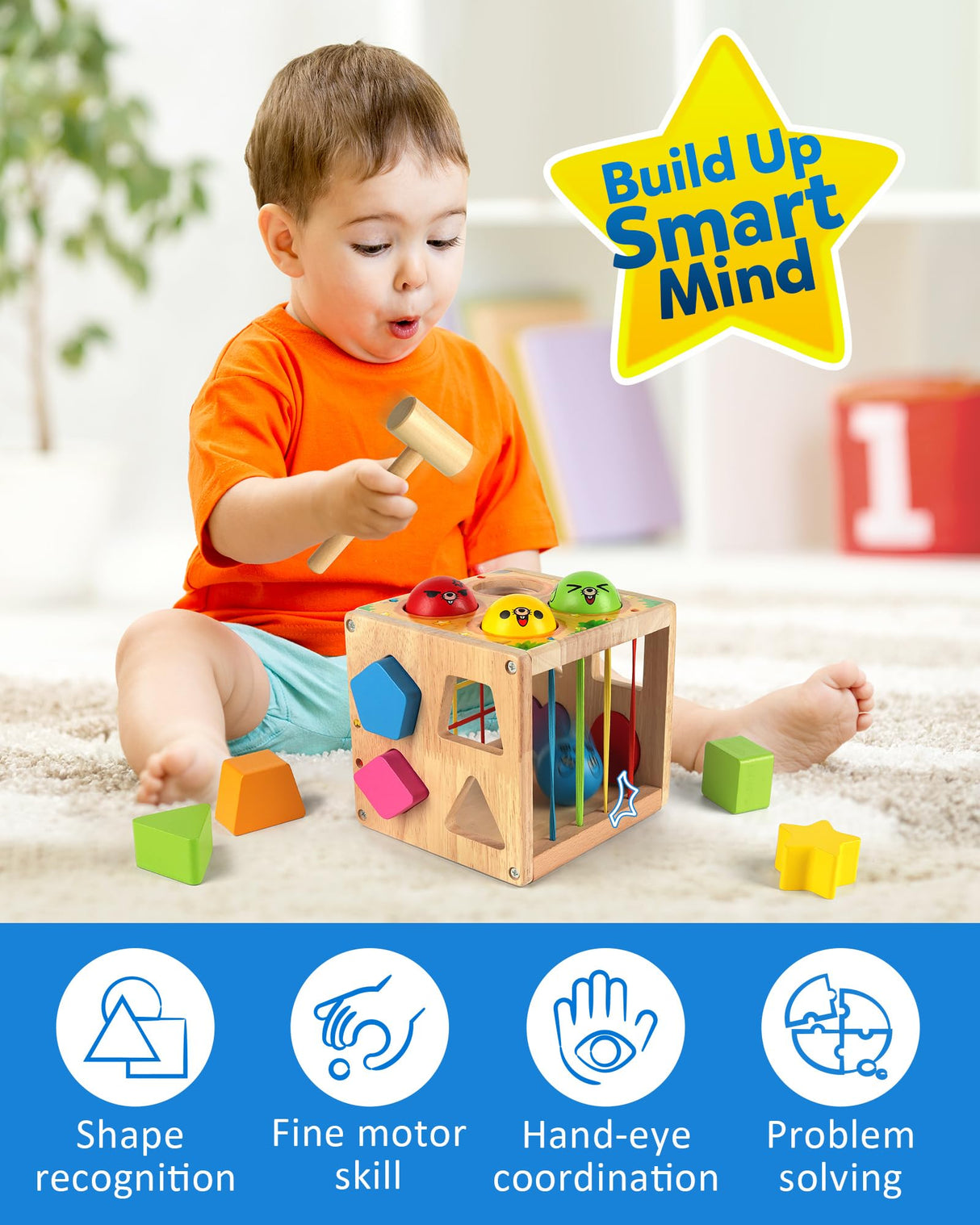 Coogam Wooden Montessori Toys for Toddlers, Shape Sorting Cube Whack Mole Fine Motor Skills Game for Year Old 18 Month+ Baby Boys Girls Gift Coogam