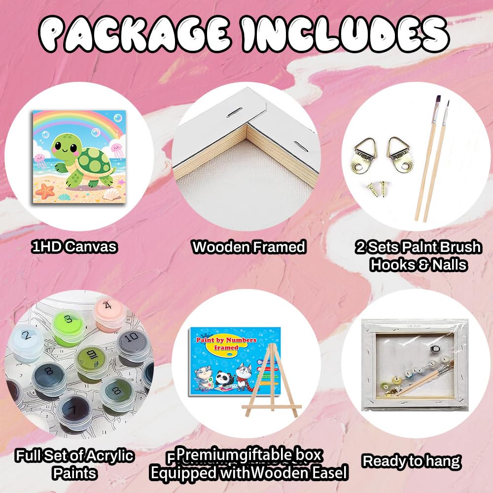 WEMEON Sea Turtles Paint by Numbers Kit for Kids with Frame and Easel, Easy Paint by Numbers Kits for Kids Ages 4-6, Small Painting by Number for Birthday Gift, Painting Party(10X10inch) WEMEON