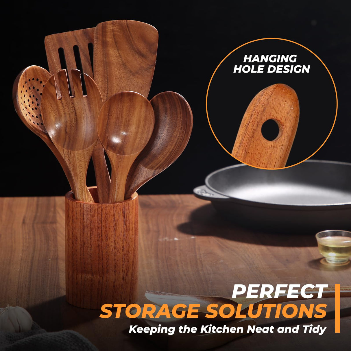 Natural Solid Teak Wooden Cooking Utensils for Nonstick Cookware, Wooden Kitchen Utensils Set Includes Spoons, Spatulas, Strainer Spoon, Salad Fork with Holder and Spoon Rest (9PCS) AIUHI
